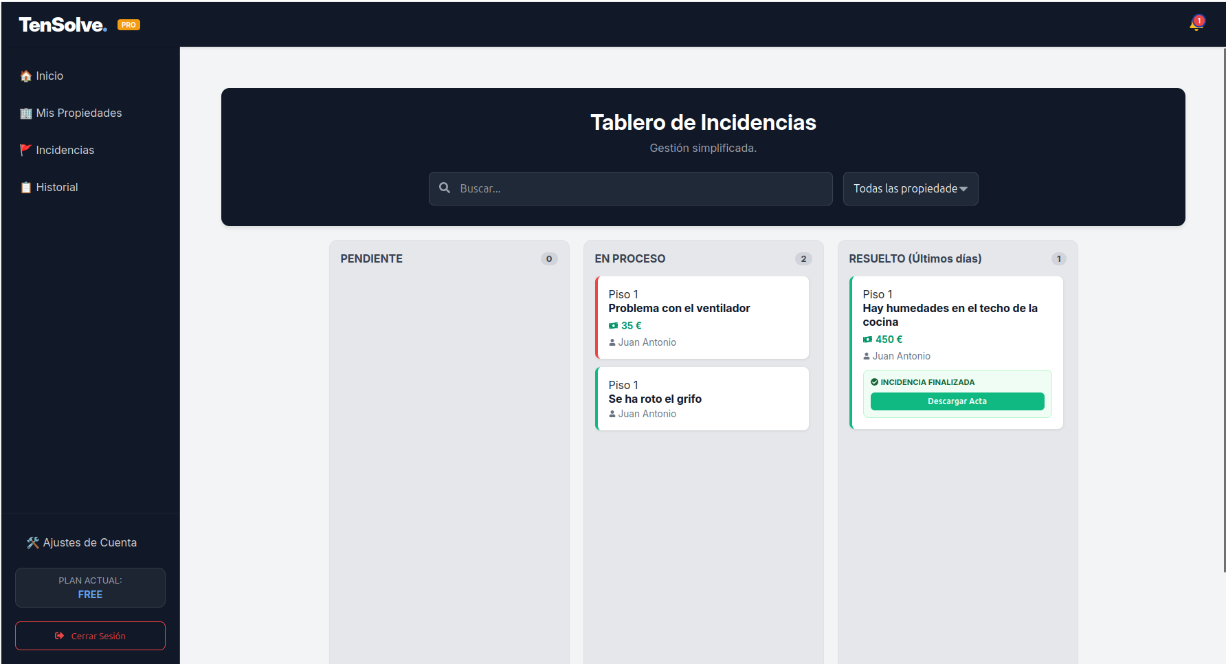 Kanban de TenSolve con 3 incidencias activas